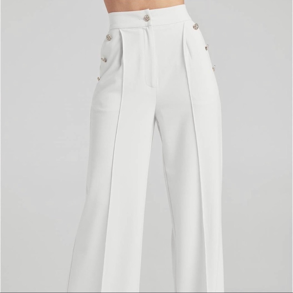 White High Waisted Flat Front Pants with Pleats